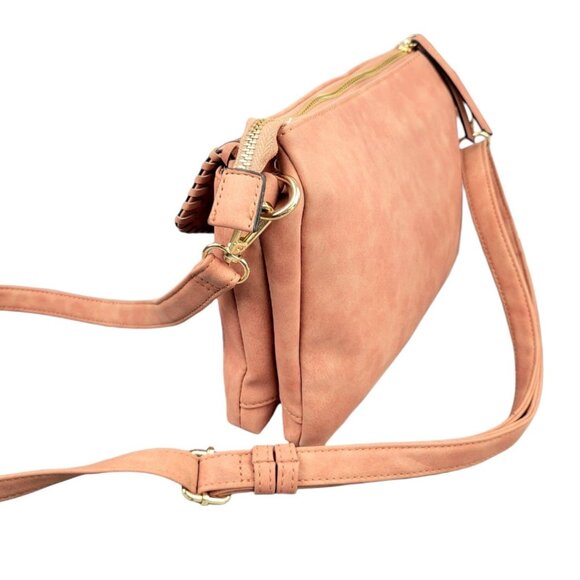 Versatile Blush Brown Braided Crossbody Purse Multi-Pocket Design Striped Lining - Picture 7 of 12